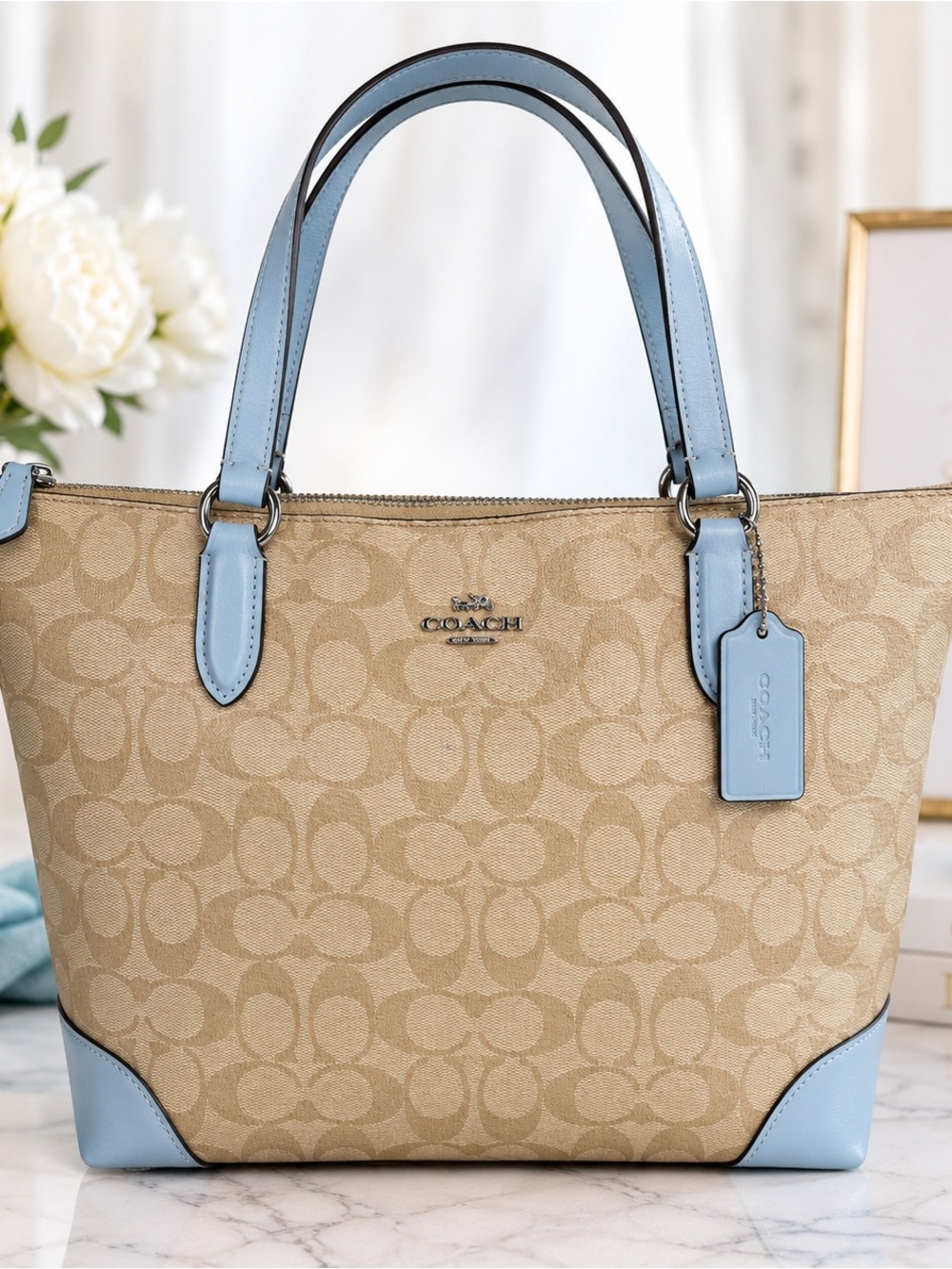 Coach City Zip Tote Signature Canvas Khaki Powder Blue F29208